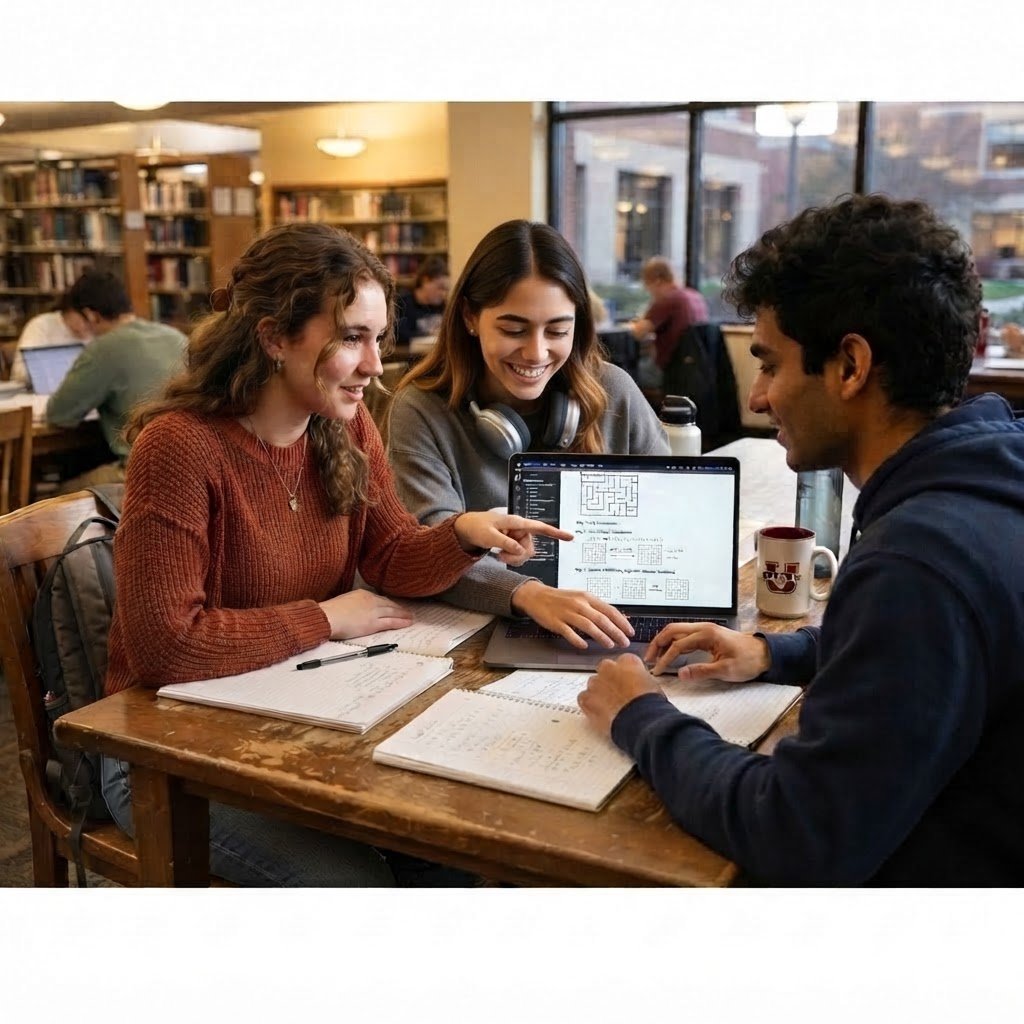 Three students working through a problem together at a library table
